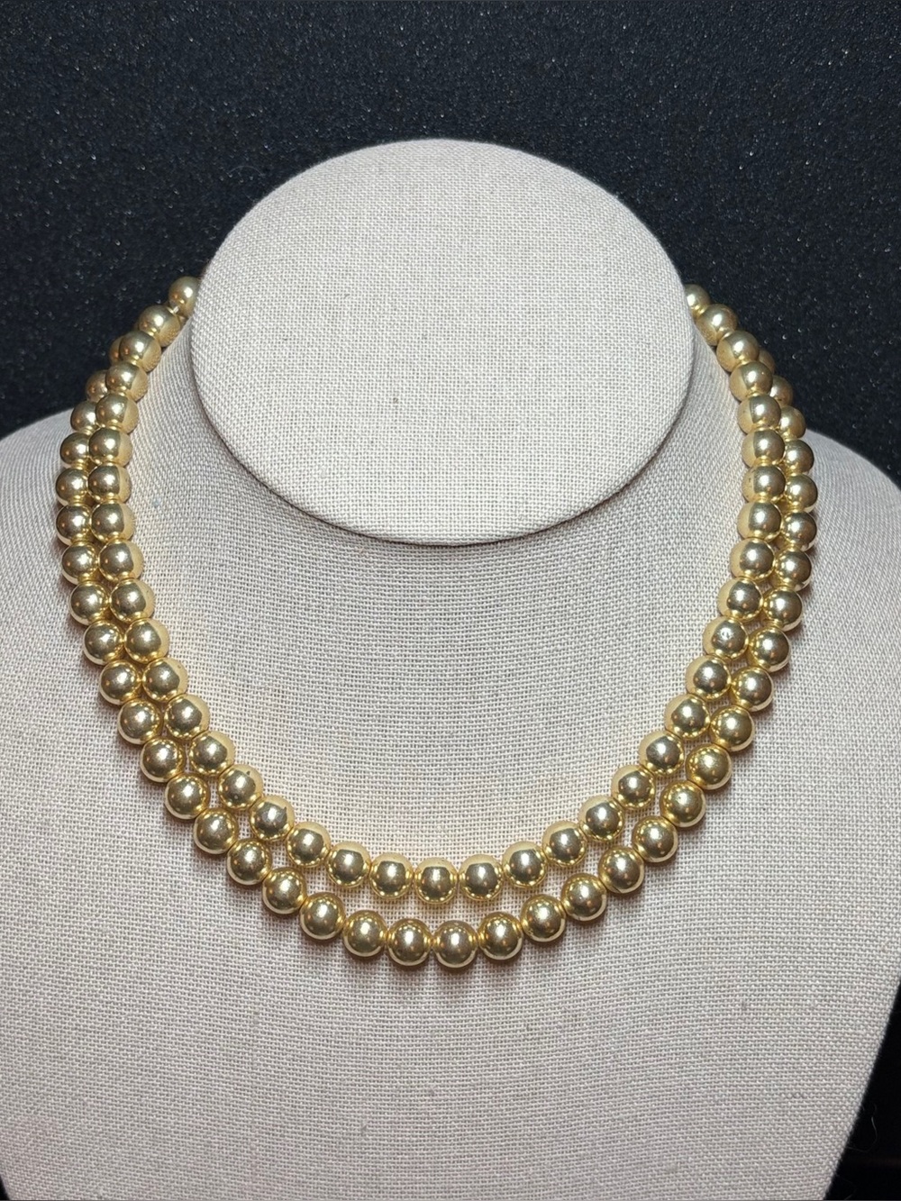 Gold Tone Double Strand Beaded Ball Statement Choker Necklace